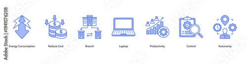 Workplace Efficiency web banner vector illustration featuring Energy Consumption, Reduce Cost, Branch, Laptop, Productivity, Control, and Autonomy.