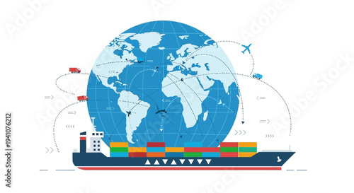 Global Logistics and Shipping: Container Ship, Globe, and Air Transport Routes