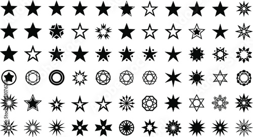 Large collection of black minimalist vector icons featuring five-pointed stars starburst patterns circular frames geometric sunbursts and abstract decorative elements for professional graphic design.L