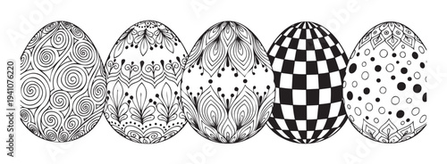 A row of intricately decorated eggs featuring various ornamental patterns from swirling lines to checkerboard and floral designs perfect for holiday celebrations coloring books and seasonal
