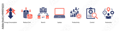 Workplace Efficiency web banner vector illustration featuring Energy Consumption, Reduce Cost, Branch, Laptop, Productivity, Control, and Autonomy.