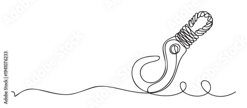 Dynamic single line drawing of a robust climbing carabiner securing a winding rope, symbolizing adventure and safety, ideal for outdoor recreation blogs and sports equipment branding.