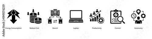 Workplace Efficiency web banner vector illustration featuring Energy Consumption, Reduce Cost, Branch, Laptop, Productivity, Control, and Autonomy.