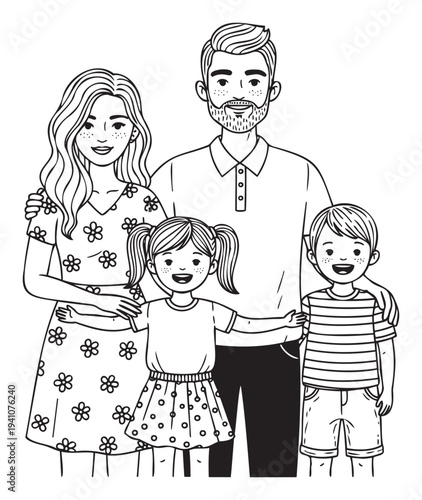 Happy family of four featuring parents and their two children standing together and smiling cheerfully, ideal for familyrelated projects and publications.