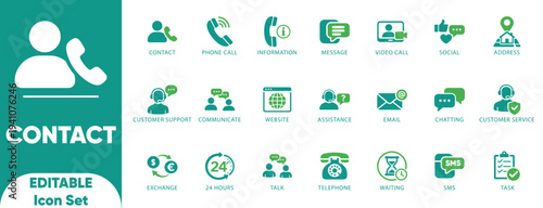 Contact Icon Set. assistance, contact, editable, support, information, map, social, talk, Editable, and solid vector.