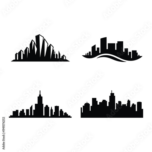 Black silhouettes of modern city skylines and waterfront scenes