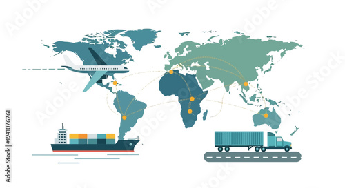 Global Logistics Network: Airplane, Ship, Truck on World Map