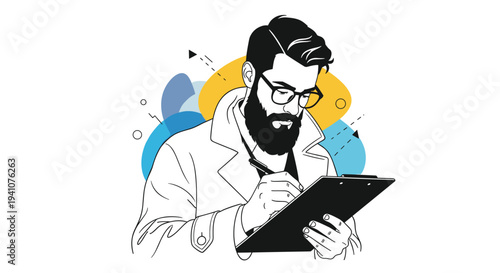 Focused man with a beard and glasses writing notes on a clipboard against a modern abstract background design.