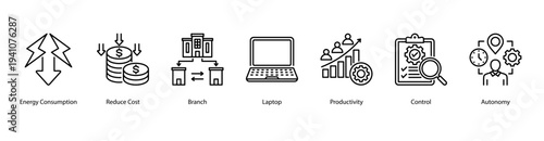Workplace Efficiency web banner vector illustration featuring Energy Consumption, Reduce Cost, Branch, Laptop, Productivity, Control, and Autonomy.