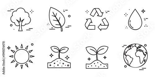 A versatile compilation of minimalist line icons representing key environmental and nature themes such as a tree, leaf, recycle symbol, water drop, sun, sprout, and earth, ideal for