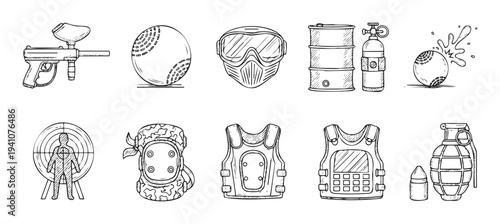 Hand drawn collection of paintball equipment, protective gear, and combat accessories for sports event promotions or gaming industry applications.