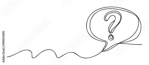 Continuous line drawing of a question mark inside a speech bubble connected by a wavy line symbolizing communication and inquiry for business or educational presentations