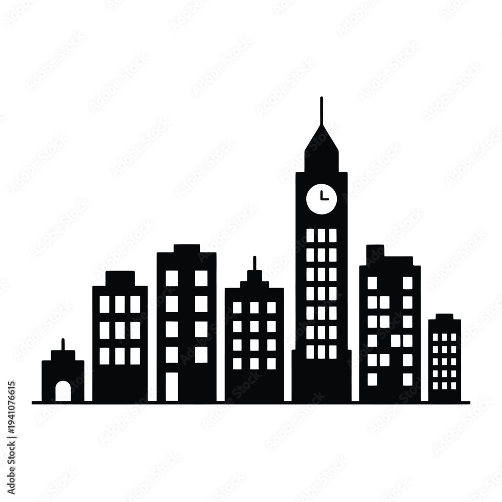 Fototapeta premium Minimalist black silhouette of a city skyline with a prominent clock tower