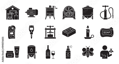 Comprehensive set of beekeeping honey production winemaking and natural cosmetic tool glyphs for artisanal craft and small business content.