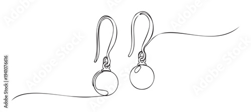 A pair of elegant earrings featuring simple round beads, rendered in a continuous line drawing style, perfect for contemporary jewelry branding, fashion advertisements, or minimalist