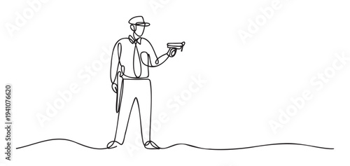 A continuous line artwork showcasing a police officer holding a handgun, symbolizing law enforcement, security, and public safety, perfect for educational materials and digital campaigns.