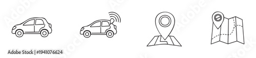 Collection of line icons representing autonomous vehicles and global positioning systems for navigation applications and smart transportation technology solutions