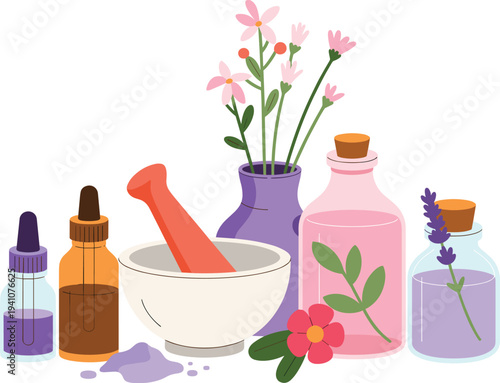 Herbal medicine illustration, natural apothecary bottles, mortar and pestle, botanical flowers, aromatherapy oils, organic remedy, alternative medicine concept