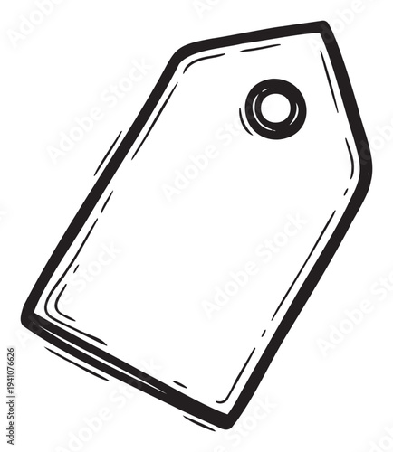 Hand drawn black outline price tag with a hole, perfect for product labeling, discount announcements, sale promotions, or event ticketing in retail and ecommerce contexts.