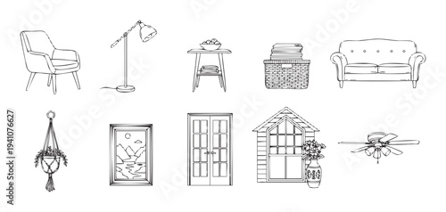 A collection of essential home furnishings and stylish interior decor items including a comfortable armchair, floor lamp, elegant sofa, and various accents perfect for illustrating