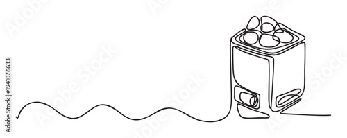 Continuous line drawing of a modern sauna heater with hot stones on top, perfect for wellness and spa industry promotions or health and relaxation themed presentations