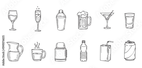 Hand drawn collection of various beverage icons and drink containers featuring wine glasses, beer mugs, shakers, juice boxes, and thermos, excellent for restaurant menus, cafe branding,
