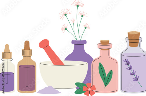 Herbal apothecary illustration, natural medicine bottles, mortar and pestle, botanical herbs, aromatherapy oils, organic remedy, alternative healing concept