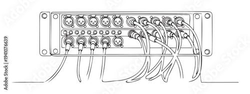 Professional audio equipment featuring a rack mount patch panel with multiple XLR and jack input connectors and connected cables for sound engineering and music production applications.