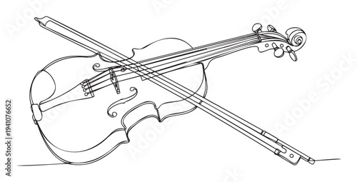 Elegant continuous line drawing of a classical violin and bow, perfect for music school promotions, concert posters, music instrument store branding, or musical event invitations.