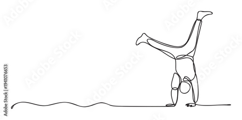 Dynamic single continuous line drawing capturing a figure performing a graceful handstand, illustrating strength, balance, and physical activity ideal for sports and wellness marketing