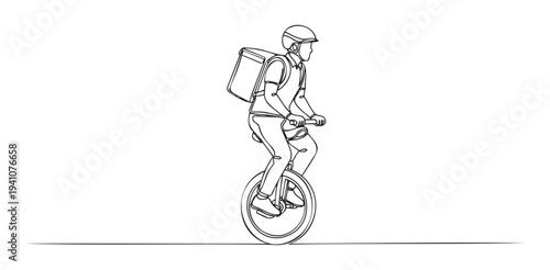 Unconventional delivery person riding a unicycle with a backpack, representing modern express courier services and innovative urban transportation solutions for fast parcel delivery