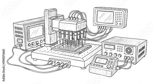 Detailed view of automated electronic testing equipment performing precision measurements on a microcircuit board in a high tech laboratory setting for scientific and industrial applications