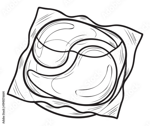 Black and white outline drawing of two under eye patches in a compact tray, perfect for skincare product packaging and cosmetic marketing materials