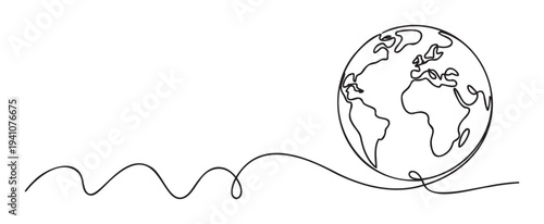 Simple continuous single line drawing of a world globe with a connected wavy line, representing global unity, interconnectedness, and environmental themes for business or educational visuals