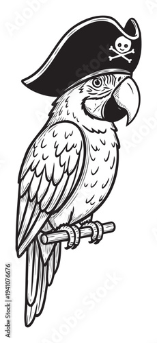 Black and white cartoon drawing of a parrot wearing a pirate hat with a skull and crossbones, perfect for childrens books, themed party invitations, or adventure game graphics