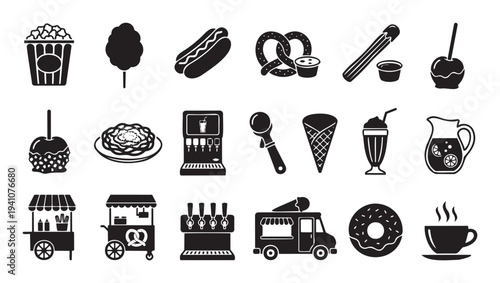 A diverse collection of sweet and savory fair food and beverage icons featuring popcorn, hot dogs, ice cream, and drinks, ideal for menus and event promotions