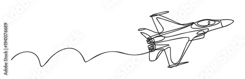 Dynamic continuous line drawing of a military fighter jet soaring through the air, creating a wavy trail, perfect for aerospace industry marketing or modern graphic design projects