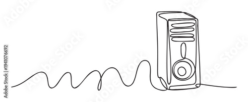 Modern minimalist continuous line drawing of a computer tower, illustrating the concept of computing power and digital technology, ideal for business, software development, or technological