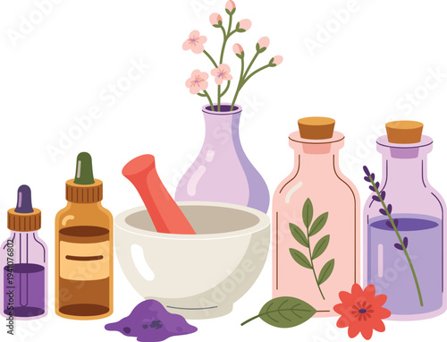 Herbal medicine preparation, natural botanical ingredients, apothecary bottles, mortar and pestle, organic remedy concept, aromatherapy, alternative medicine illustration