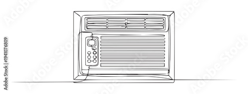 A continuous single line drawing of a window air conditioner unit, showcasing its compact form and essential components, perfect for home appliance promotion, energy efficiency campaigns,