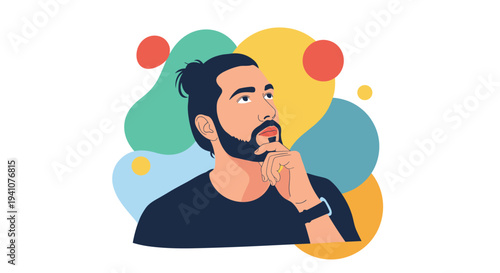 Thoughtful man with a beard and hair bun looking upwards while resting his chin on his hand in a pensive pose.