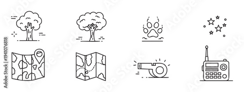 A versatile collection of outline icons representing outdoor adventure, nature exploration, navigation, and communication tools, perfect for digital interfaces, educational content, and