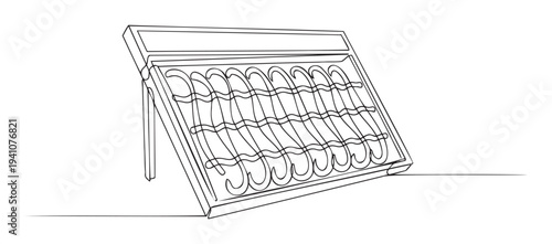 Sustainable energy technology presented as a continuous line drawing showcasing a solar thermal collector for hot water heating, perfect for environmental and renewable power projects