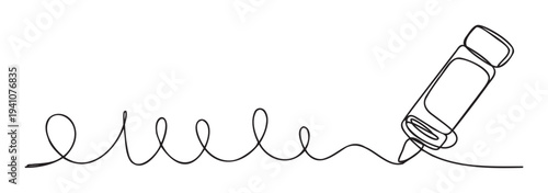 A minimalistic one line drawing depicts a marker pen creating a continuous abstract wavy line, symbolizing writing, creativity, and flow, suitable for educational materials, office