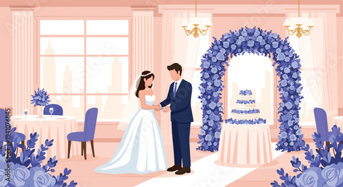 Elegant wedding ceremony setting with a bride and groom standing before a large blue floral arch and a cake in a ballroom venue.