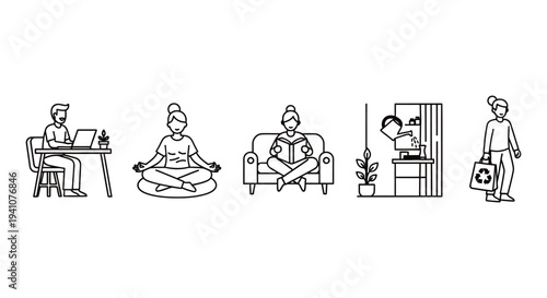 people balancing remote work well-being and sustainable habits at home including meditation reading and plant care depicting modern wellness.