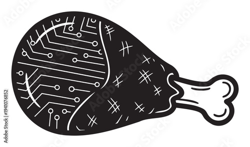 Depiction of a chicken drumstick with internal circuitry and external markings symbolizing food technology, lab grown meat, or future cuisine for scientific and culinary discussions