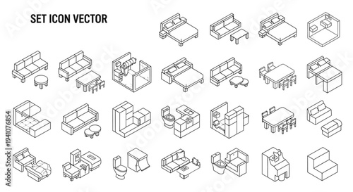 set icon vector minimalist isometric line art home furniture and bathroom fixtures collection for interior design projects.