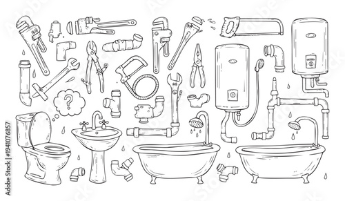 Comprehensive collection of essential plumbing tools and bathroom fixtures for home maintenance, repair services, or DIY improvement projects.