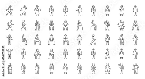 diverse set of outline people icons showcasing various standing walking sitting and gesturing poses for modern graphic design.